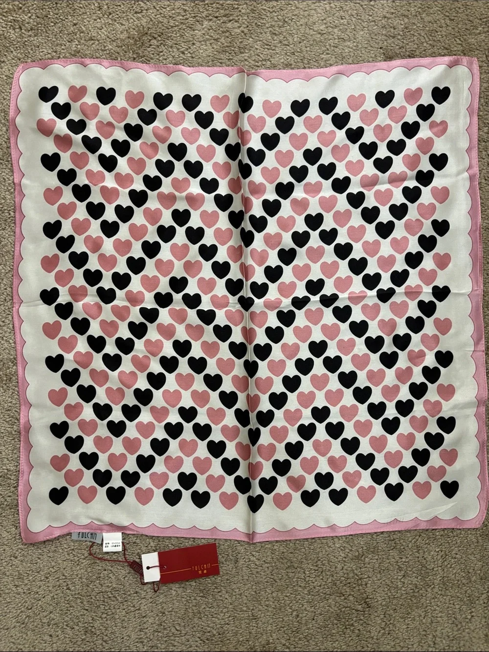 Pink, Black and White Heart-Print 100% Silk Scarf